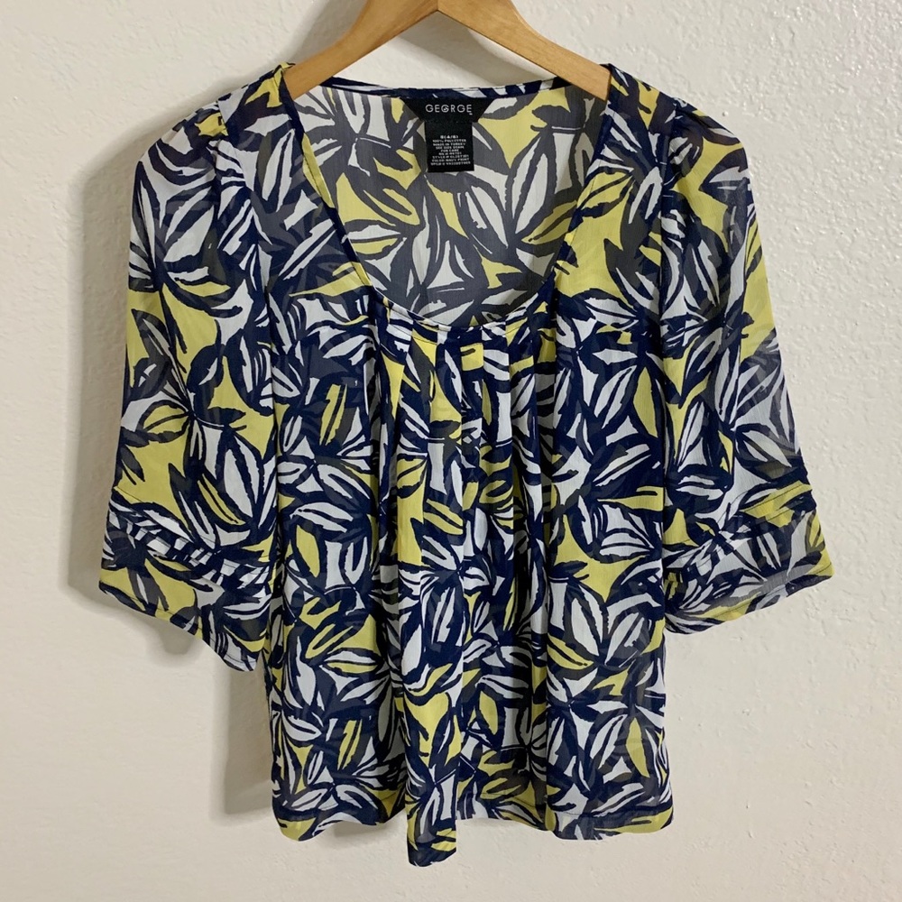 SOLD George Sheer Floral Pleated Gauzy Wide 3/4 Sleeve Blouse Women’s S Navy